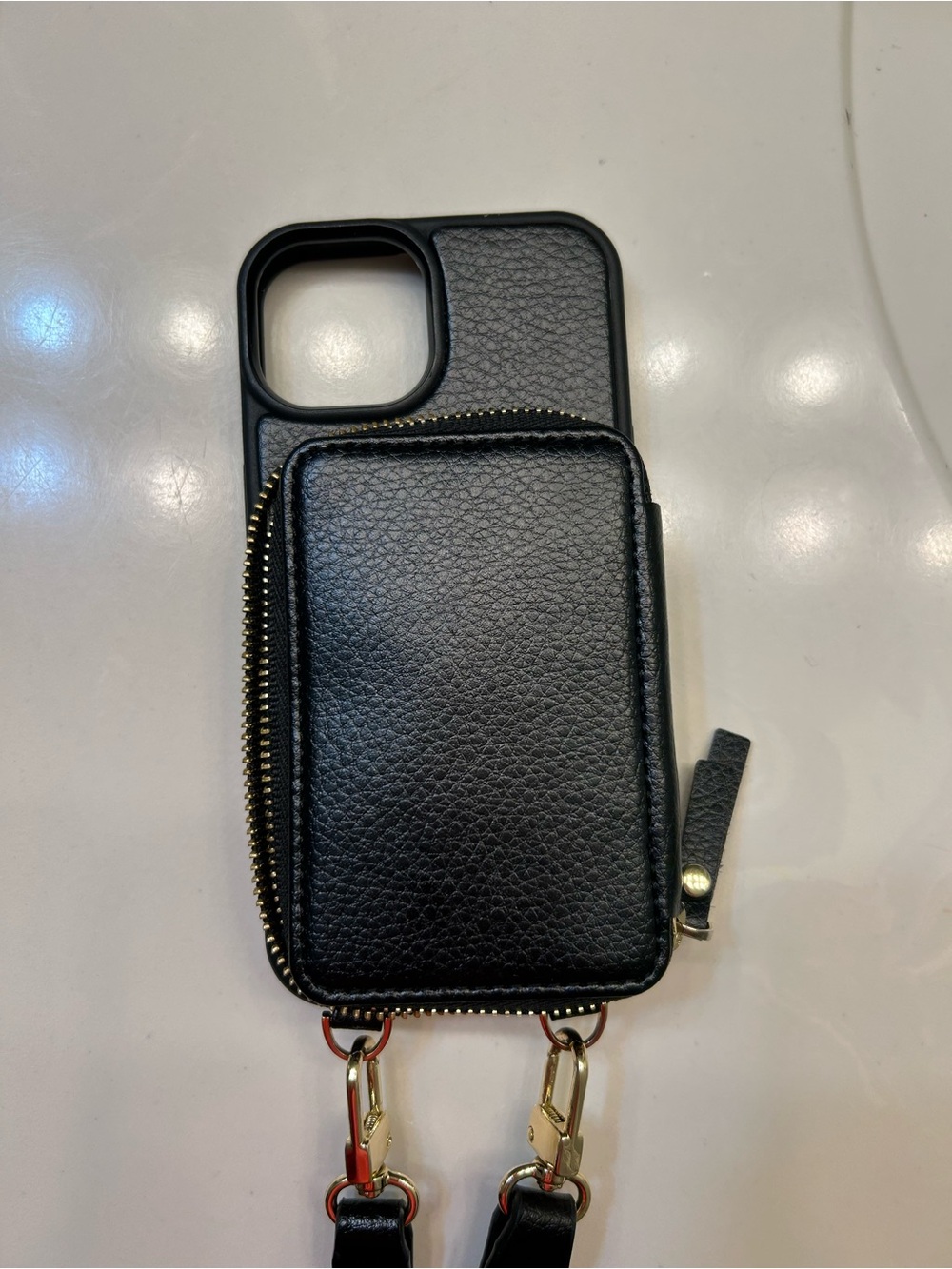 Black Leather Zipper Wallet Phone Case with Strap for iPhone 14
